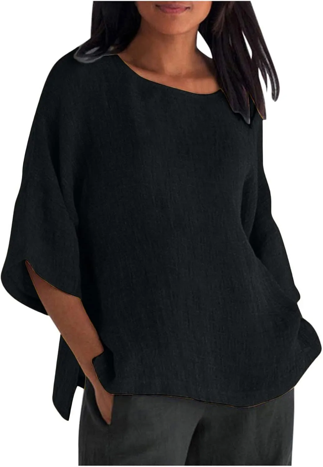 Oversized Cotton Linen Shirts for Women 2023 Summer Casual Half Sleeve Crewneck Tunic Tops Loose Comfy Basic Blouse