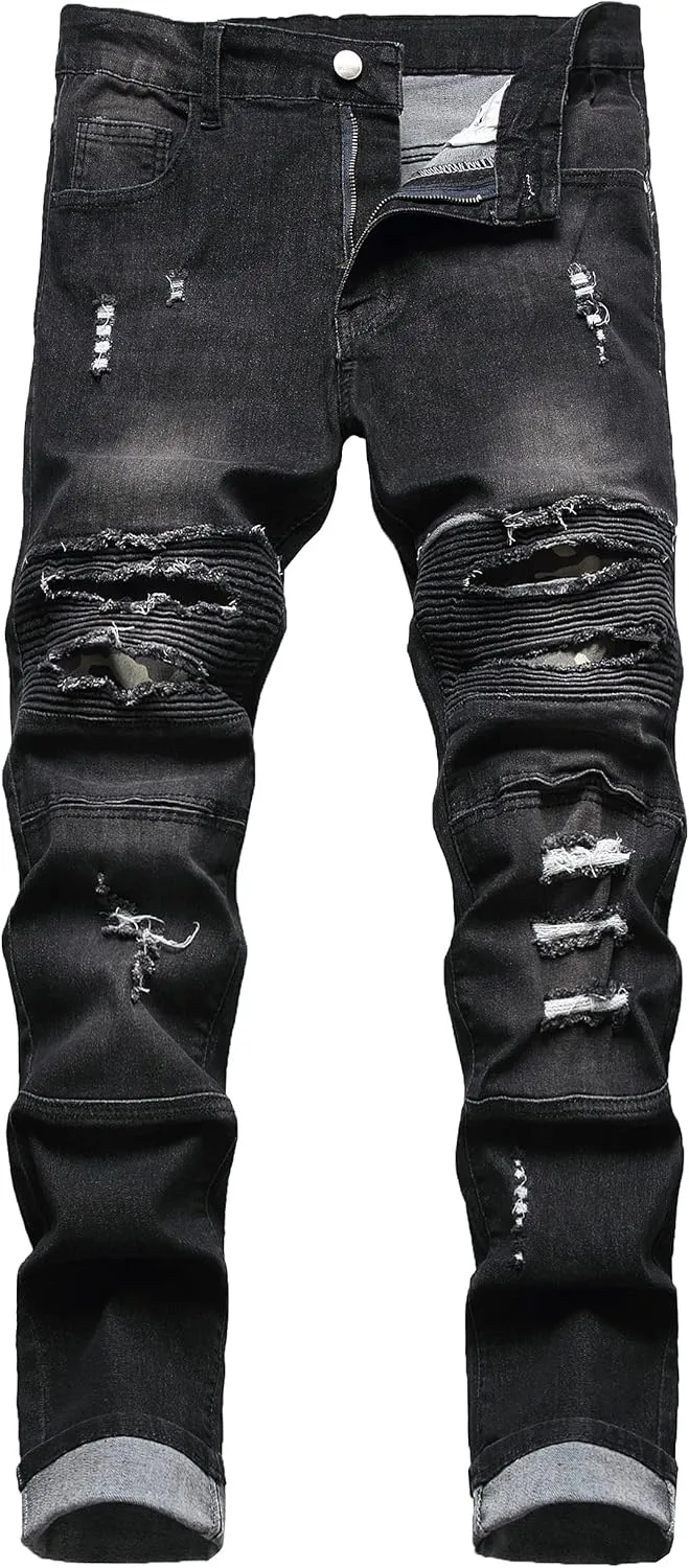 QIMYUM Men's Slim Fit Jeans Ripped Skinny Jeans for Men, Fashion Biker Jeans Stretch Moto Cargo Denim Pants