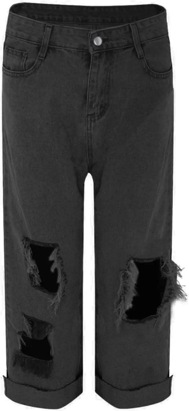 Ripped Jeans Womens Cropped Denim Pants Stretchy Baggy Casual Distressed Frayed Raw Hem Y2k Western Jeans for Women