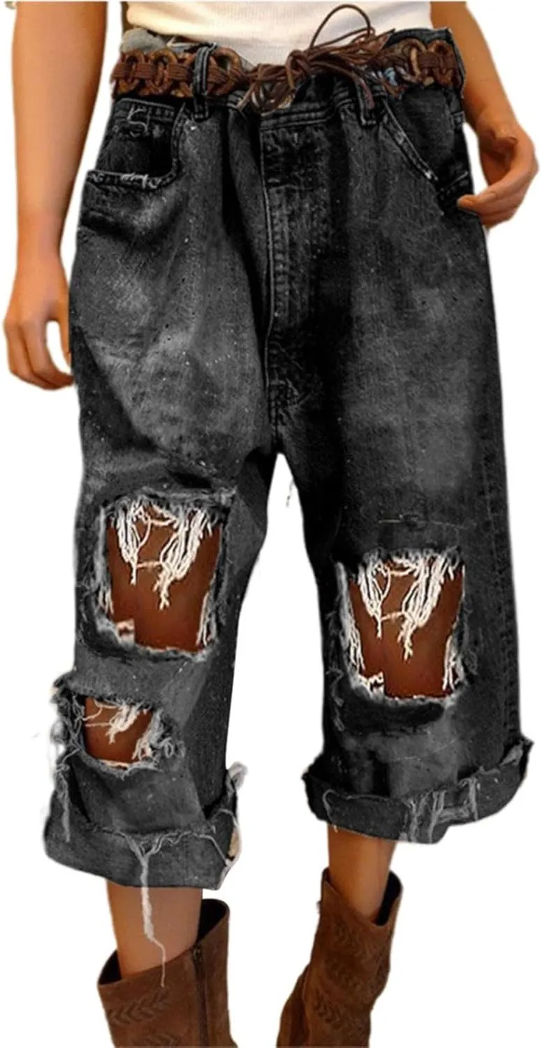 Ripped Jeans Womens Cropped Denim Pants Stretchy Baggy Casual Distressed Frayed Raw Hem Y2k Western Jeans for Women