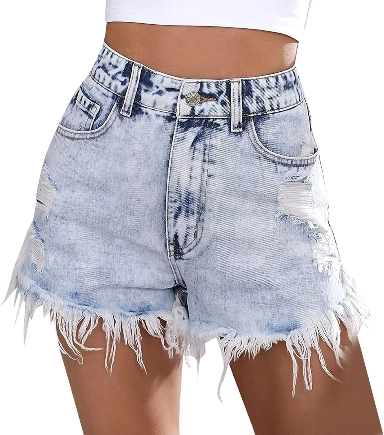 Shorts for Women Denim Mid Waist Ripped Stretchable Boyfriend Shorts Jeans Solid Casual Frayed Raw Hem Slim Shorts
