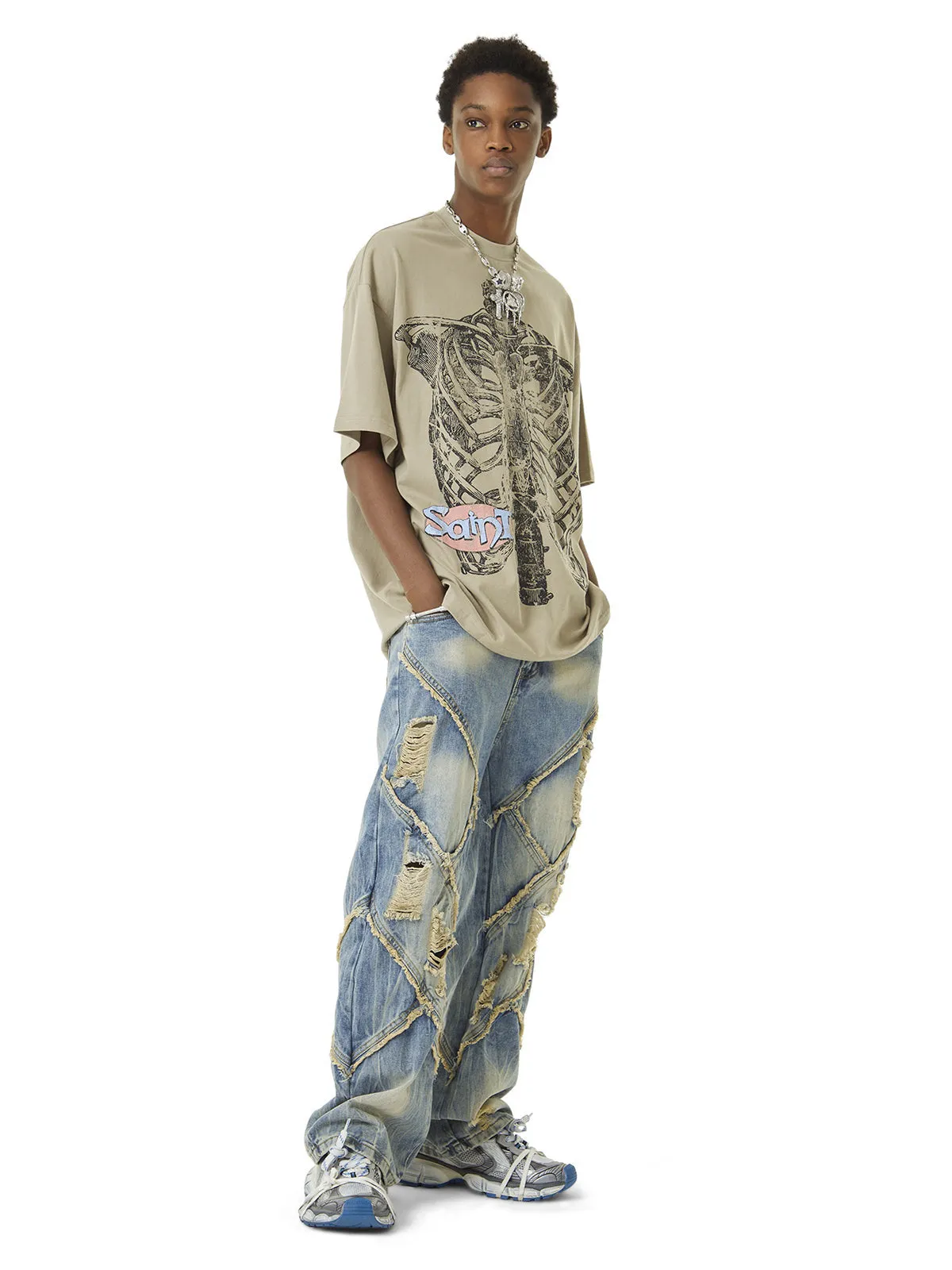 Sneakerhill Heavy Washed Ripped Plaid Stitching Hip-Hop Jeans - 2174