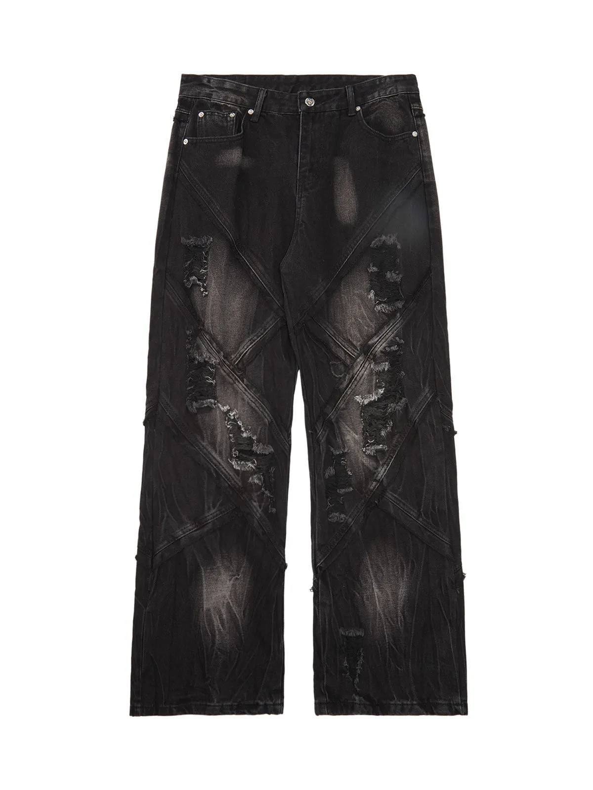Sneakerhill Heavy Washed Ripped Plaid Stitching Hip-Hop Jeans - 2174