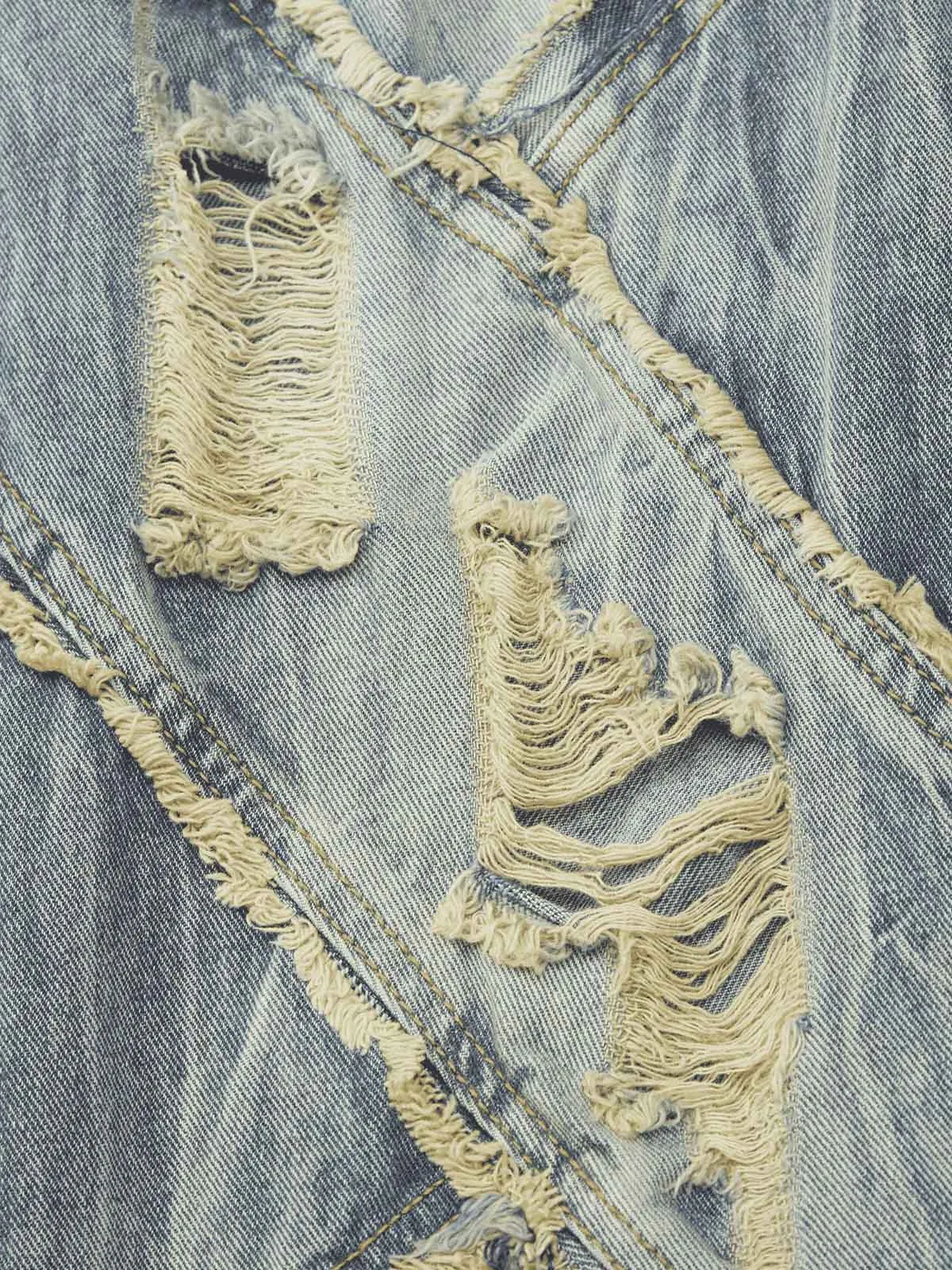 Sneakerhill Heavy Washed Ripped Plaid Stitching Hip-Hop Jeans - 2174