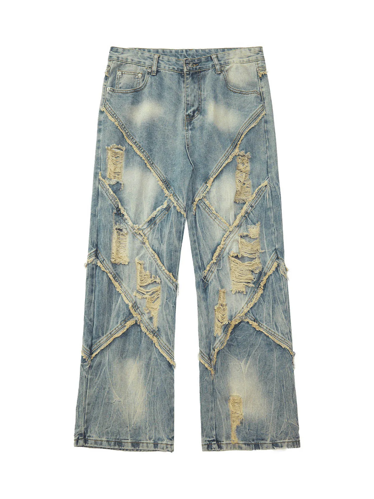 Sneakerhill Heavy Washed Ripped Plaid Stitching Hip-Hop Jeans - 2174
