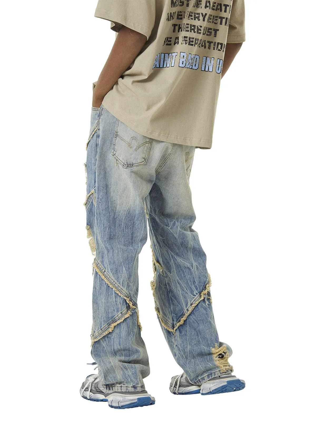 Sneakerhill Heavy Washed Ripped Plaid Stitching Hip-Hop Jeans - 2174