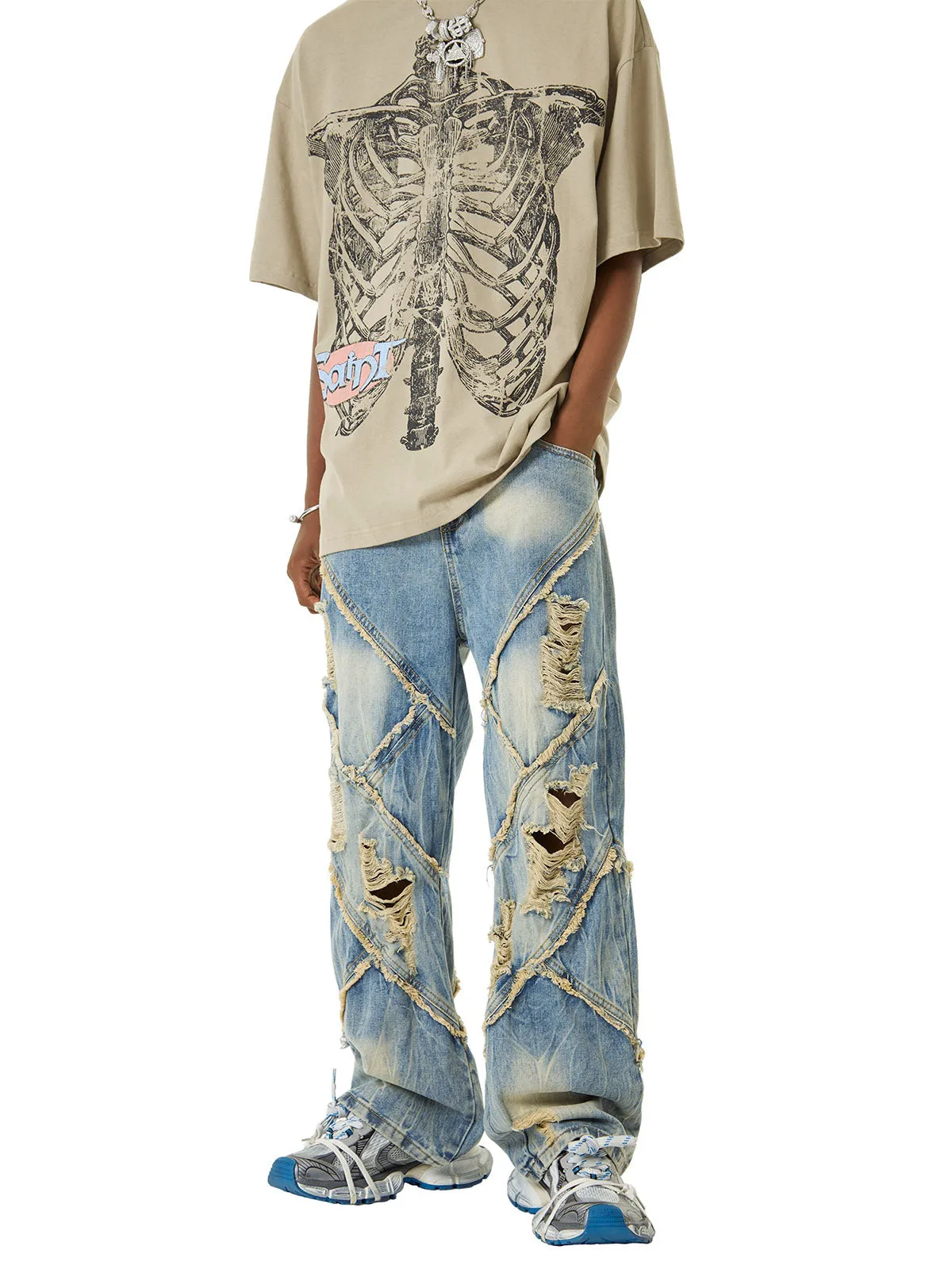 Sneakerhill Heavy Washed Ripped Plaid Stitching Hip-Hop Jeans - 2174