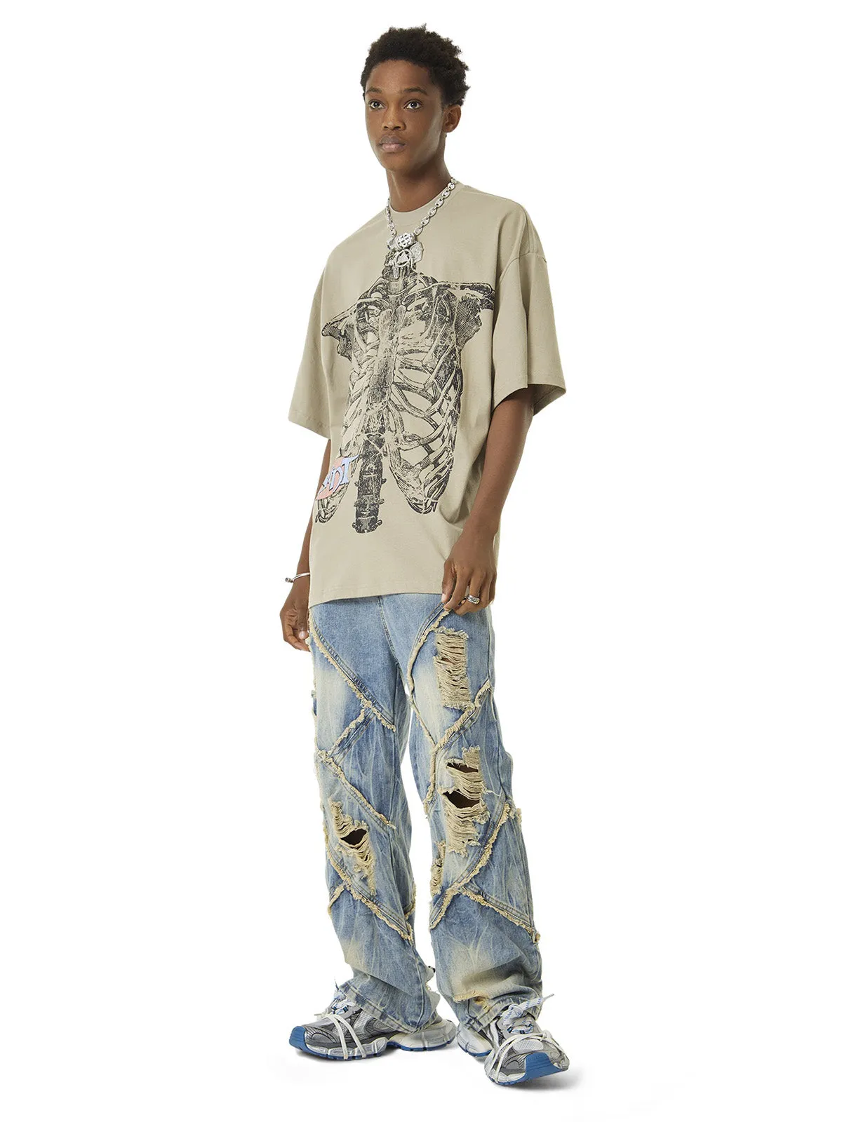 Sneakerhill Heavy Washed Ripped Plaid Stitching Hip-Hop Jeans - 2174