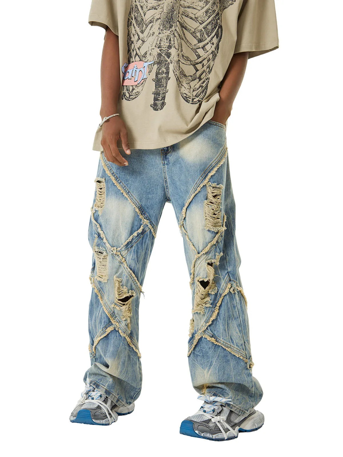 Sneakerhill Heavy Washed Ripped Plaid Stitching Hip-Hop Jeans - 2174
