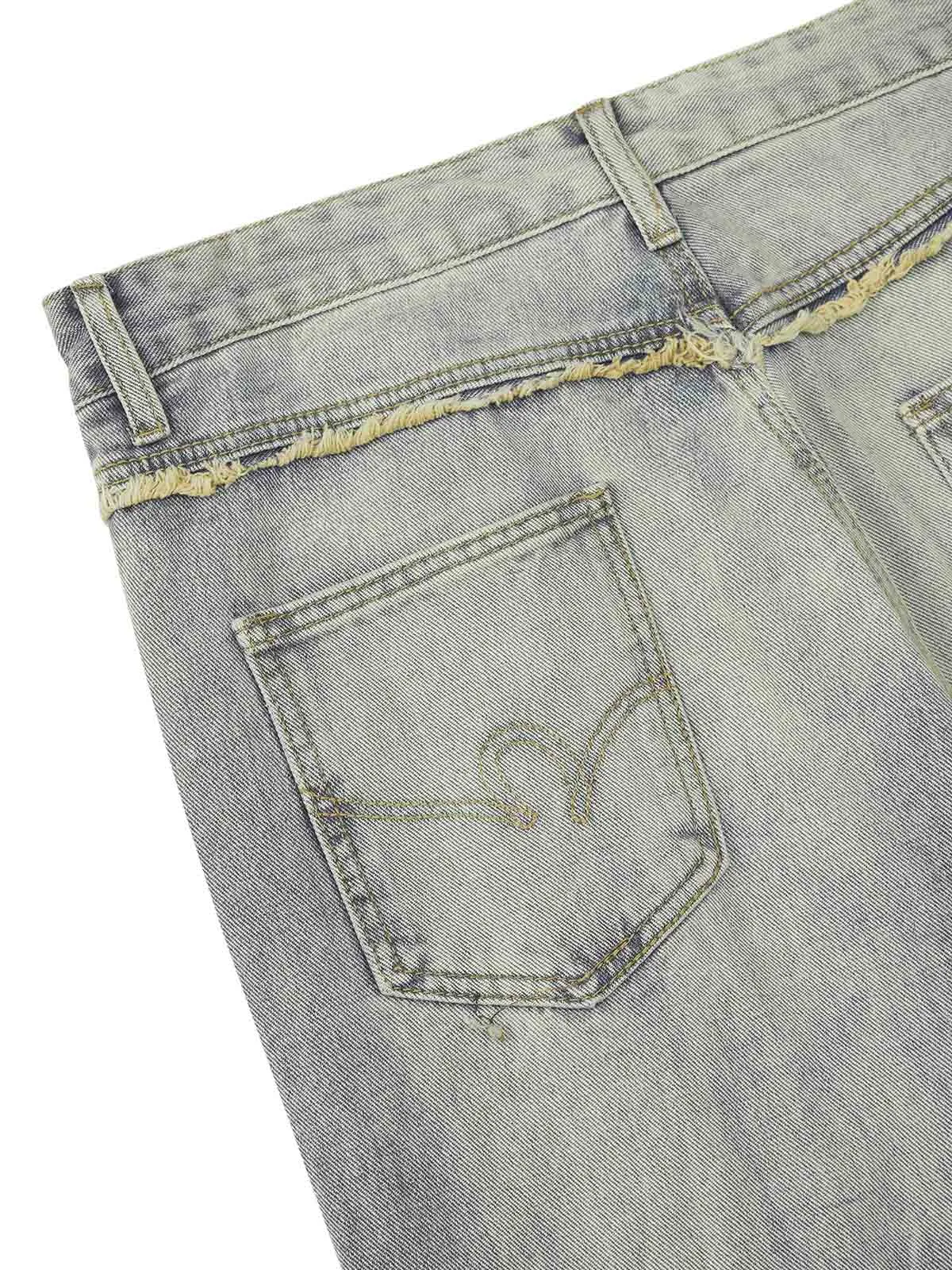 Sneakerhill Heavy Washed Ripped Plaid Stitching Hip-Hop Jeans - 2174