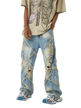 Sneakerhill Heavy Washed Ripped Plaid Stitching Hip-Hop Jeans - 2174
