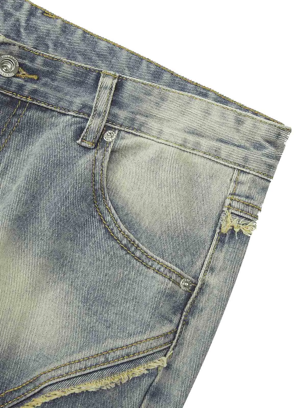 Sneakerhill Heavy Washed Ripped Plaid Stitching Hip-Hop Jeans - 2174