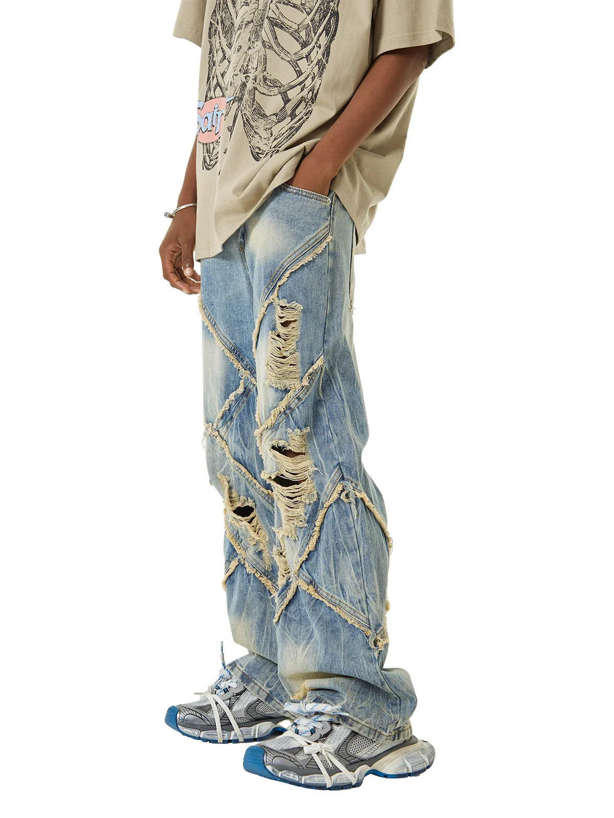 Sneakerhill Heavy Washed Ripped Plaid Stitching Hip-Hop Jeans - 2174