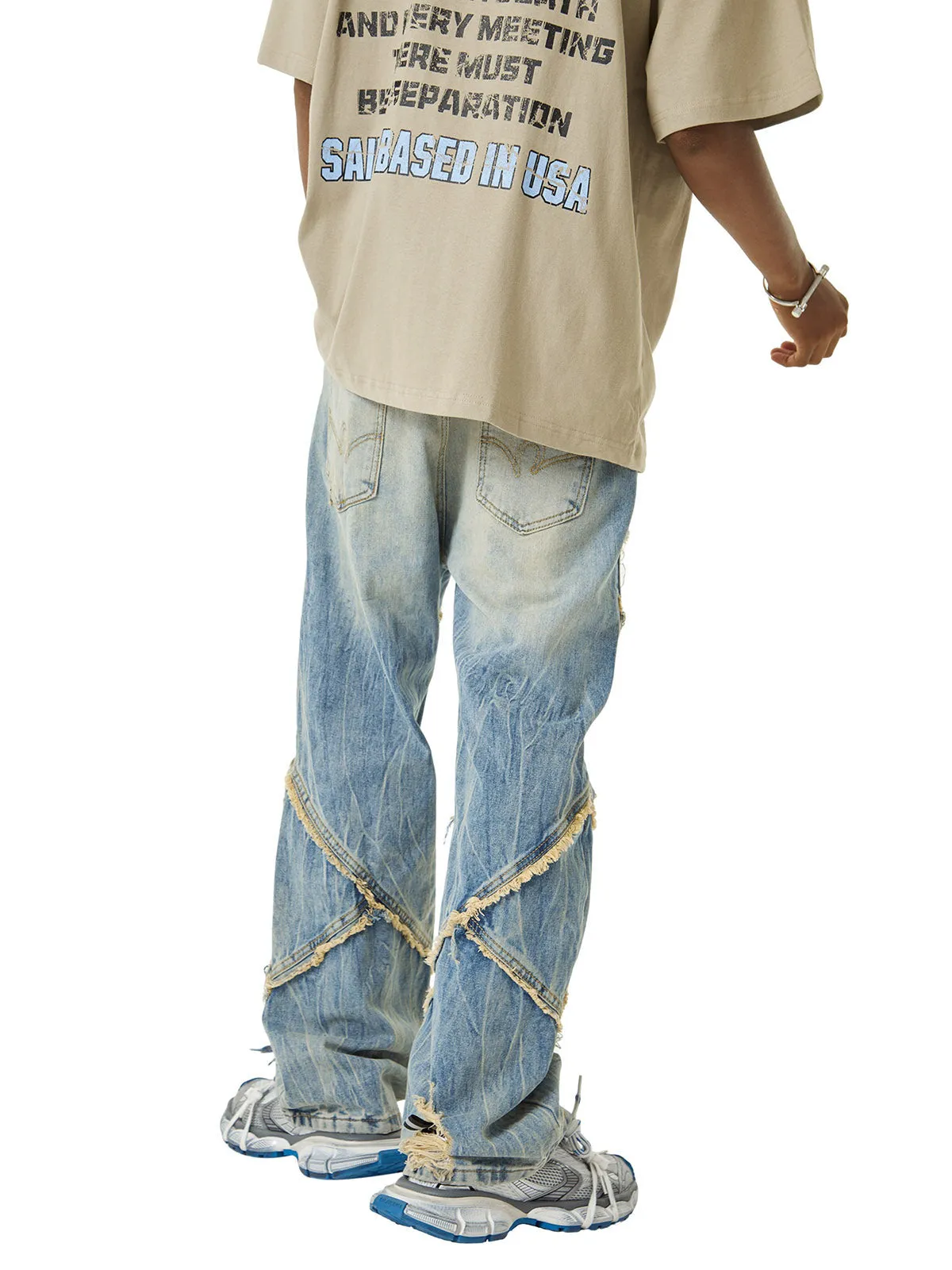 Sneakerhill Heavy Washed Ripped Plaid Stitching Hip-Hop Jeans - 2174