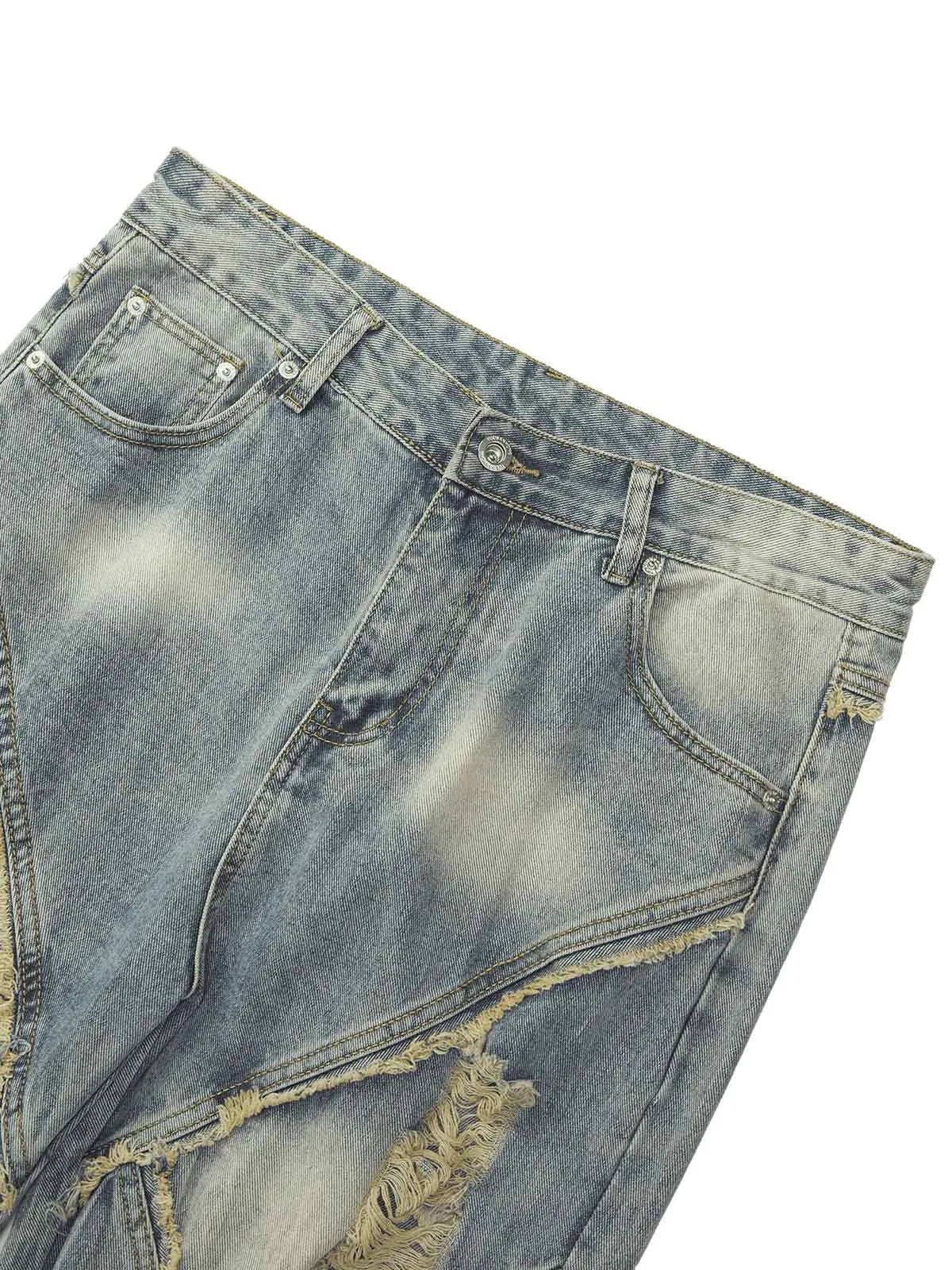 Sneakerhill Heavy Washed Ripped Plaid Stitching Hip-Hop Jeans - 2174
