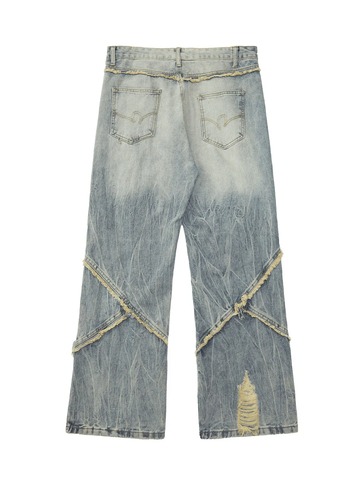 Sneakerhill Heavy Washed Ripped Plaid Stitching Hip-Hop Jeans - 2174