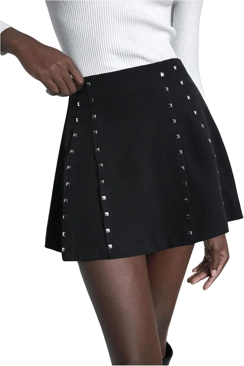 SweatyRocks Women's Y2K Pleated A-Line Mini Skirt Goth Rivet Embellished Zipper Flared Skirts