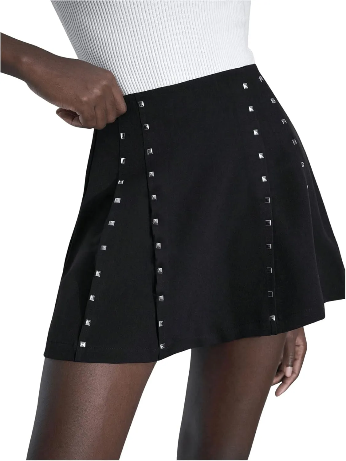 SweatyRocks Women's Y2K Pleated A-Line Mini Skirt Goth Rivet Embellished Zipper Flared Skirts