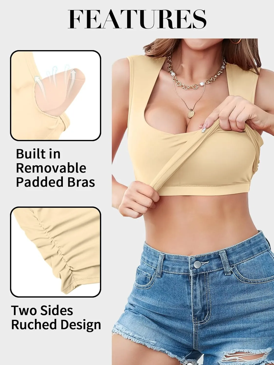 V FOR CITY Built in Bras Crop Tank Top for Women Summer V Neck Crop Top Casual Basic Yoga Tops