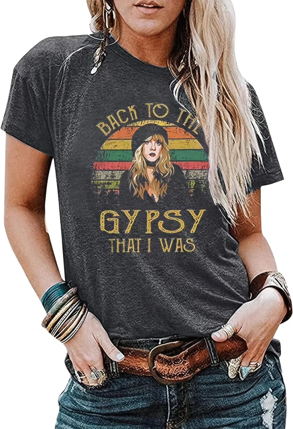 Women Country Music Shirts Back to The Gypsy That I was Graphic Tees Crew Neck Short Sleeve Loose Rock Music Tees Tops