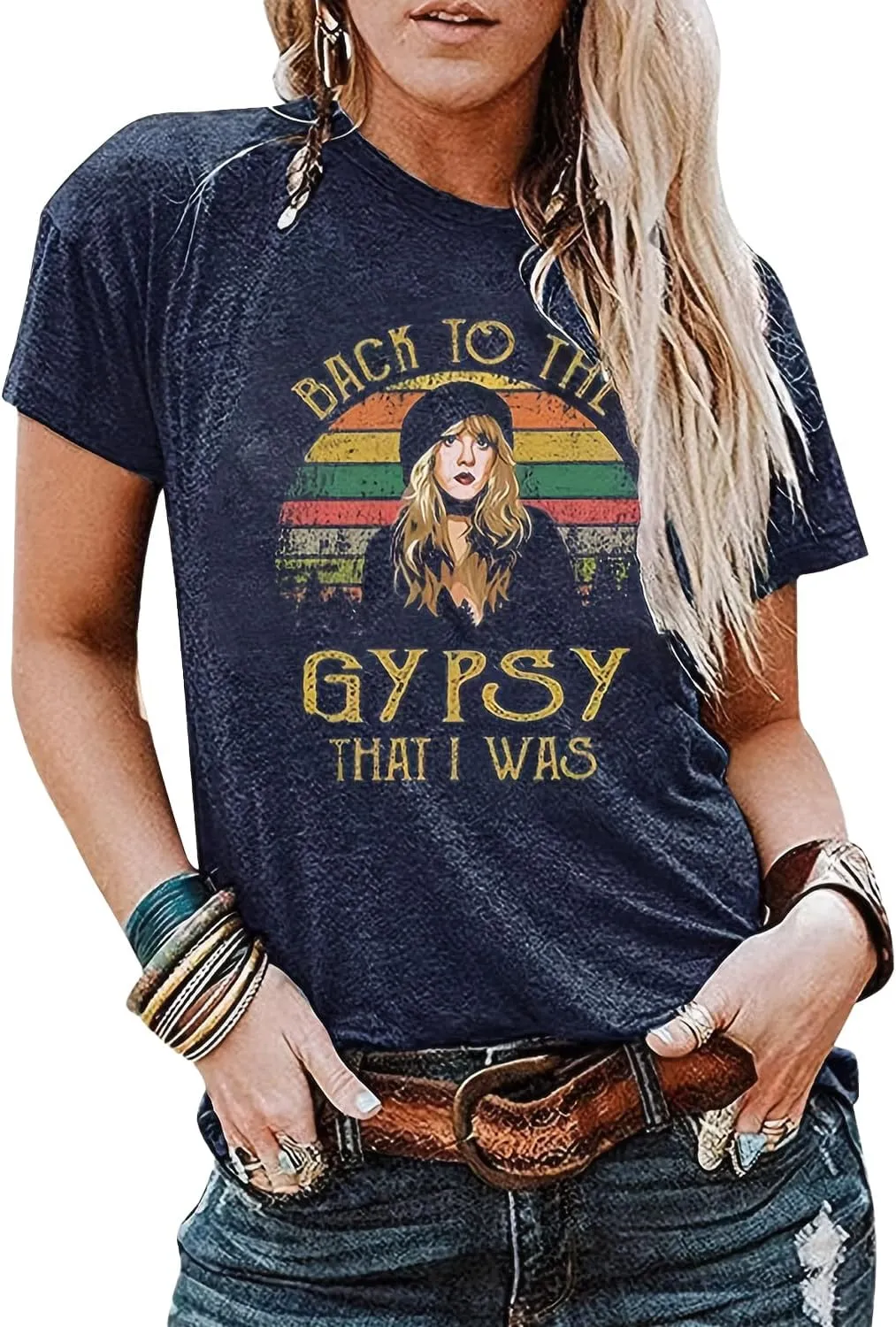 Women Country Music Shirts Back to The Gypsy That I was Graphic Tees Crew Neck Short Sleeve Loose Rock Music Tees Tops