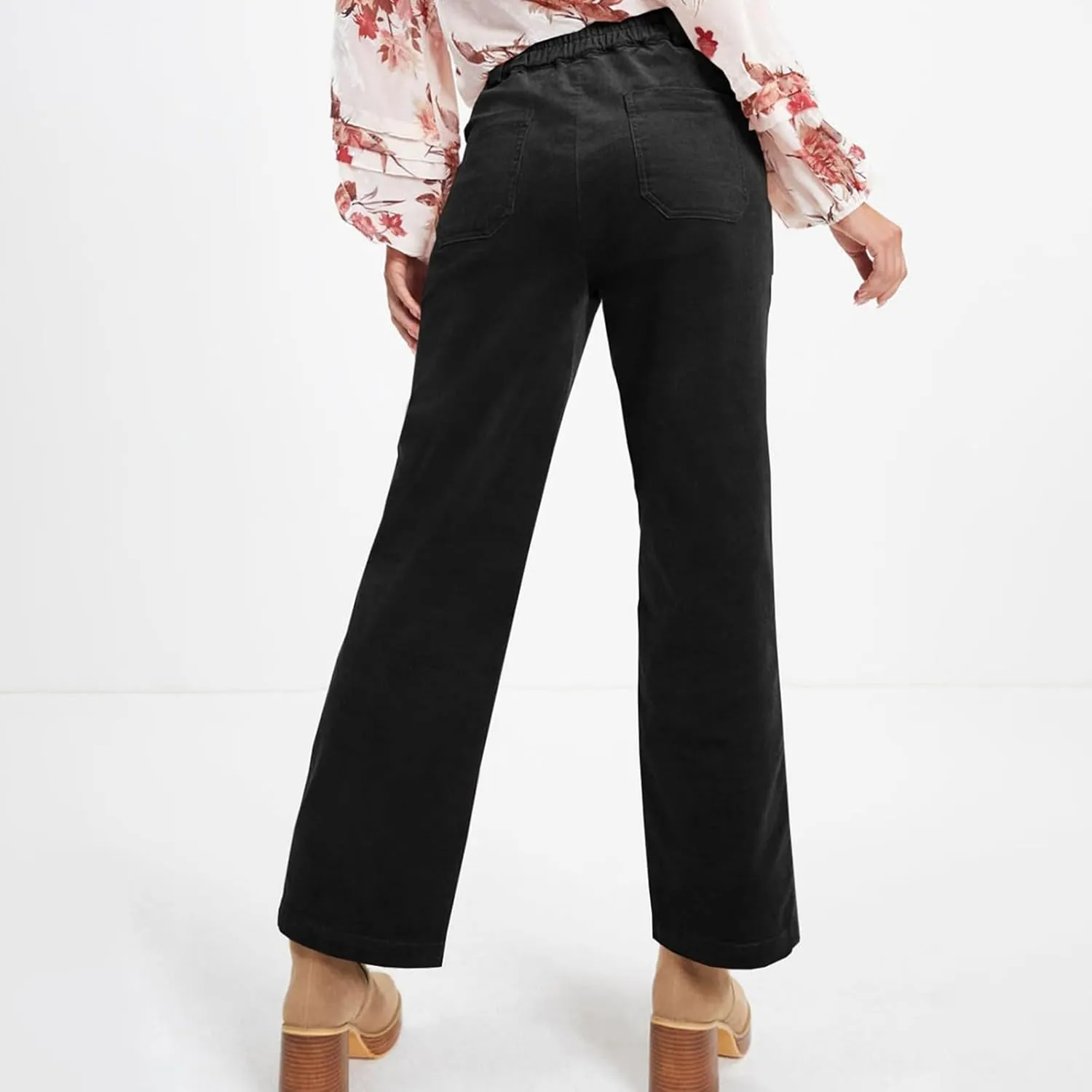Womens Corduroy Pants Trendy High Waisted Straight Leg Work Pants Trousers Fall Elastic Waist Pants with Pockets