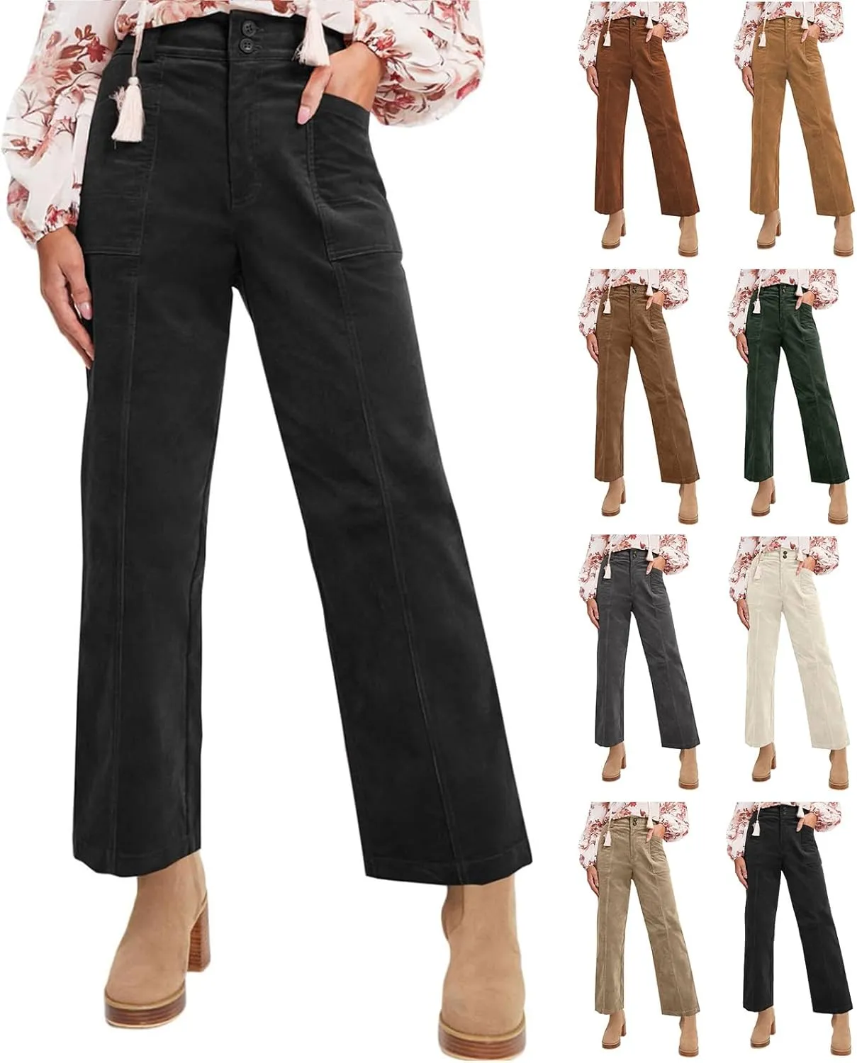 Womens Corduroy Pants Trendy High Waisted Straight Leg Work Pants Trousers Fall Elastic Waist Pants with Pockets