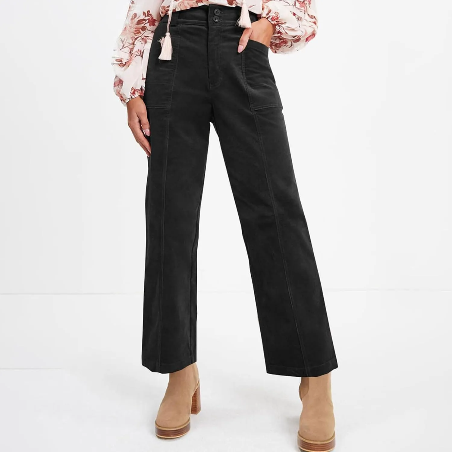 Womens Corduroy Pants Trendy High Waisted Straight Leg Work Pants Trousers Fall Elastic Waist Pants with Pockets