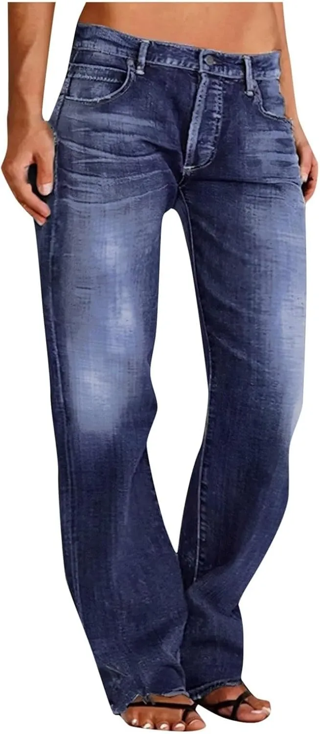 Women's High Waisted Jeans Boyfriend Straight Leg Casual Denim Pants Jeans Stretchy Leg Baggy Trendy Trousers