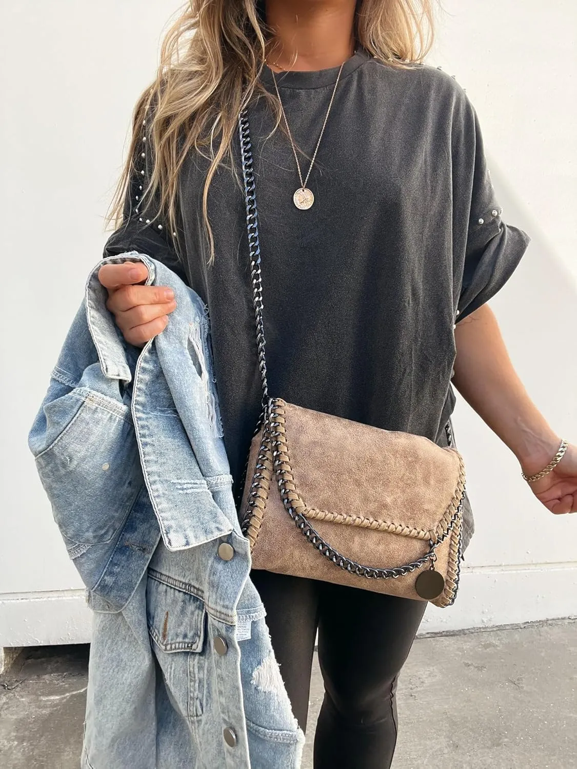 Womens Oversized Tshirts Batwing Short Sleeve Studded Tops Asymmetric Hem Summer Casual Loose Fit Shirts