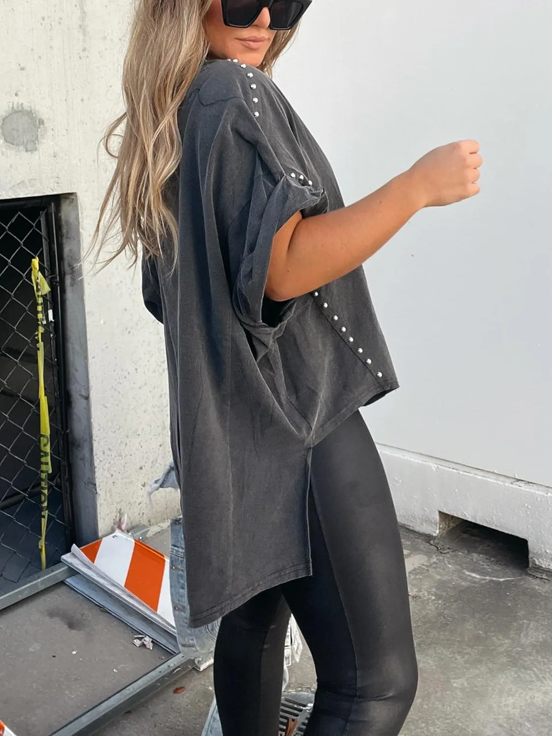 Womens Oversized Tshirts Batwing Short Sleeve Studded Tops Asymmetric Hem Summer Casual Loose Fit Shirts