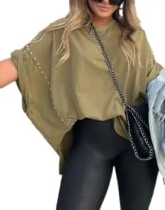 Womens Oversized Tshirts Batwing Short Sleeve Studded Tops Asymmetric Hem Summer Casual Loose Fit Shirts