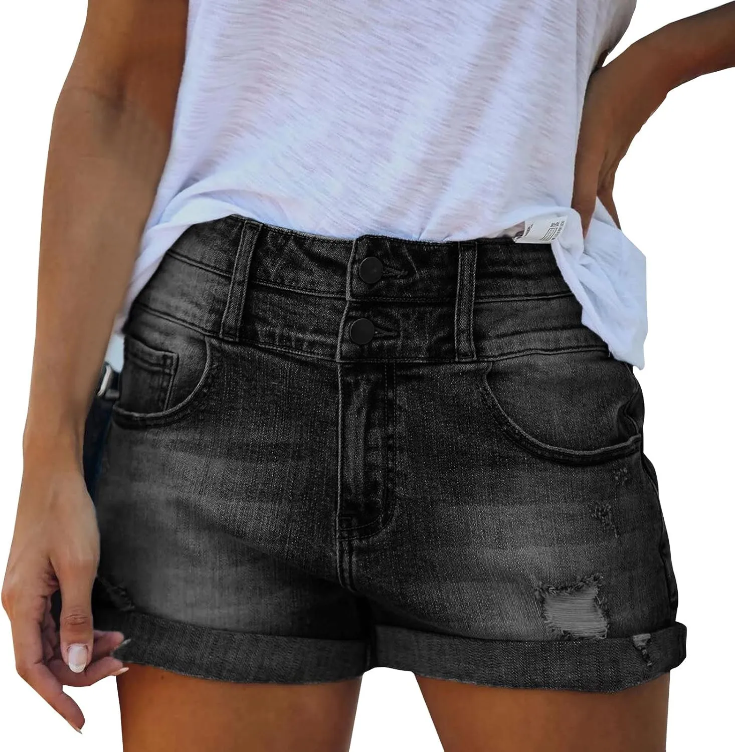 Womens Ripped Denim Shorts Mid Rise Stretch Solid Casual Distressed Jeans Shorts Folded Hem Hot Shorts