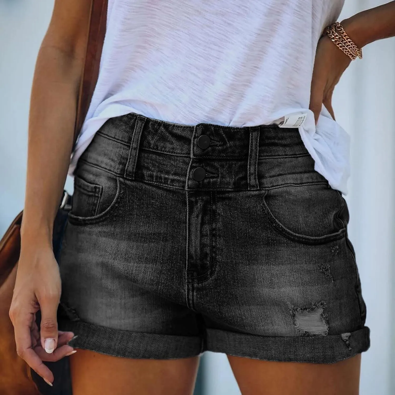 Womens Ripped Denim Shorts Mid Rise Stretch Solid Casual Distressed Jeans Shorts Folded Hem Hot Shorts