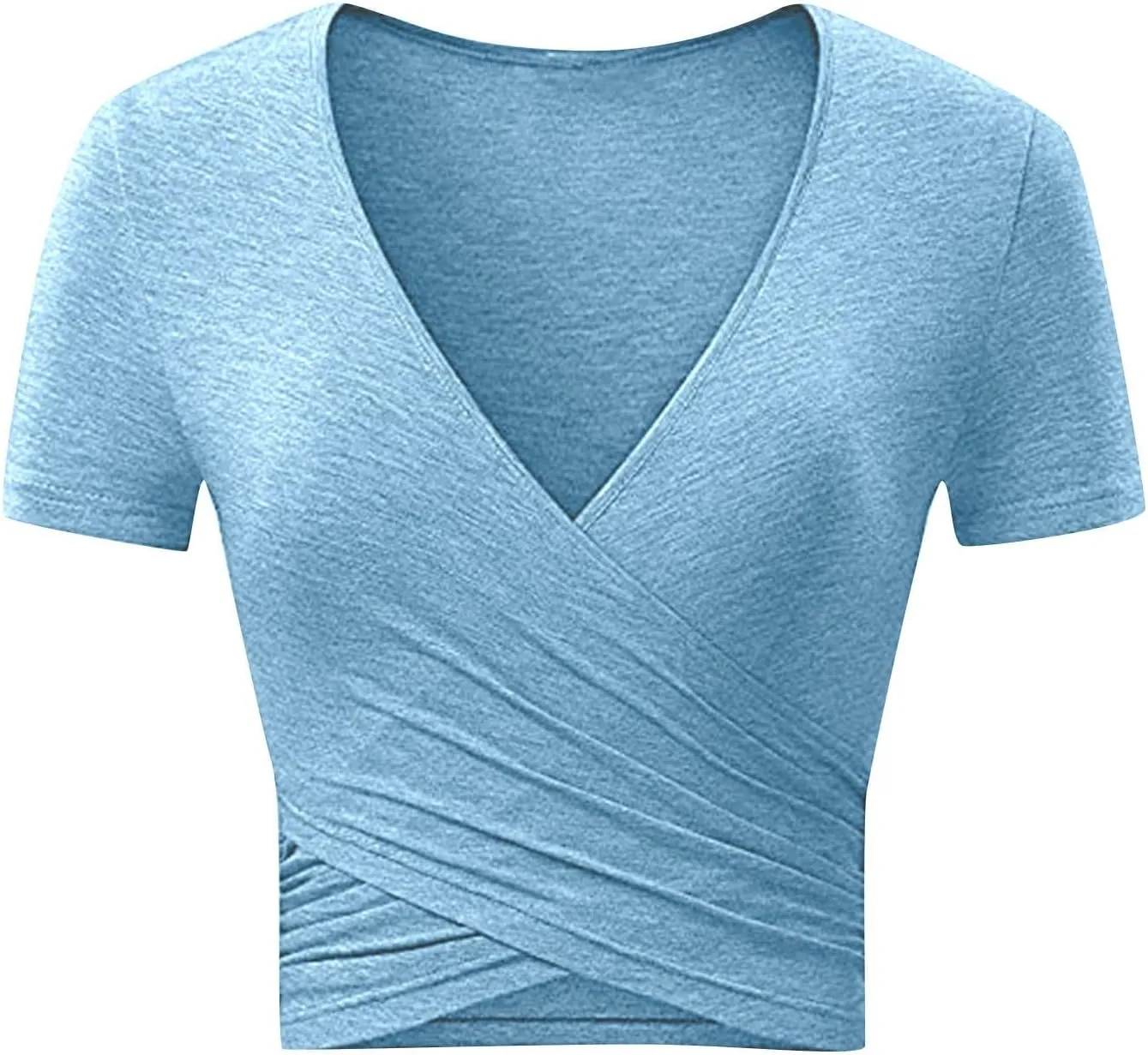 Women's Sexy Deep V Neck Short Sleeve Unique Slim Fit Cross Wrap Shirts Crop Tops Going Out Fashion Trendy Tight Tops