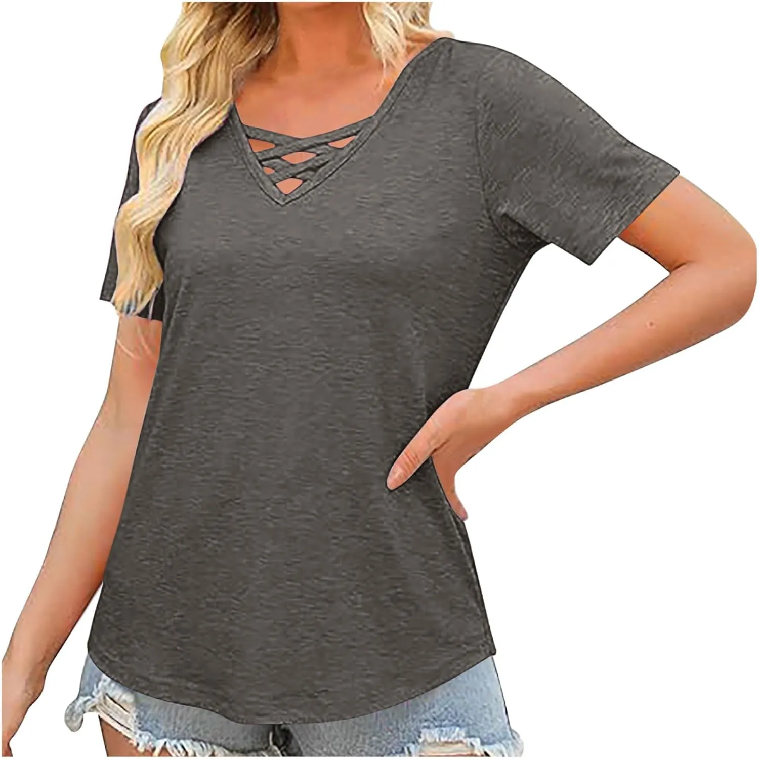 Women's Short Sleeve V Neck Criss Cross T-Shirt Tops Sexy Casual Dressy Blouses Spring Summer Tshirts Casual Soft Tee