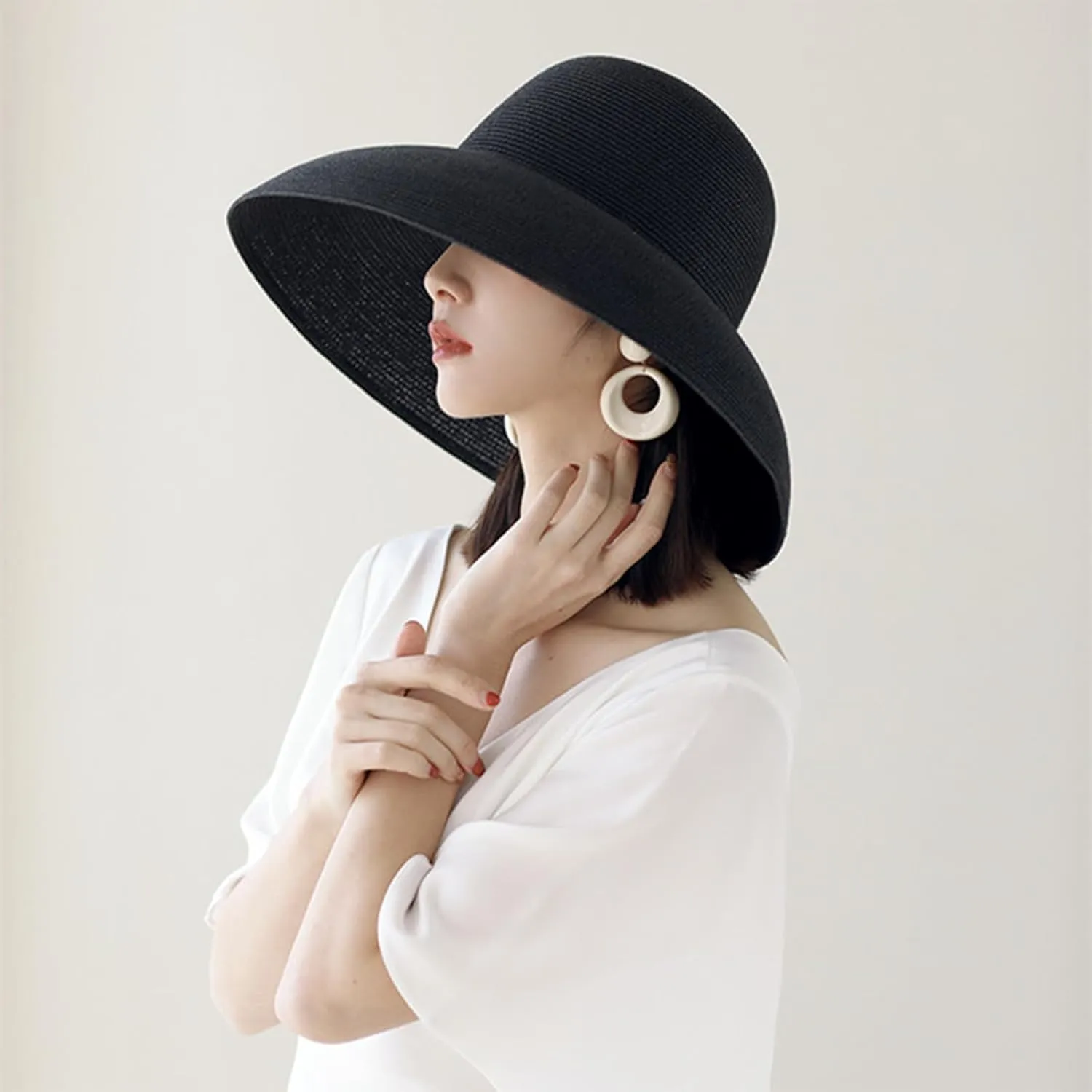 Women's Straw Wide Brim Dome Sun Hat Breathable Foldable Beach Straw Hat Summer Fashion Casual Sun Hat